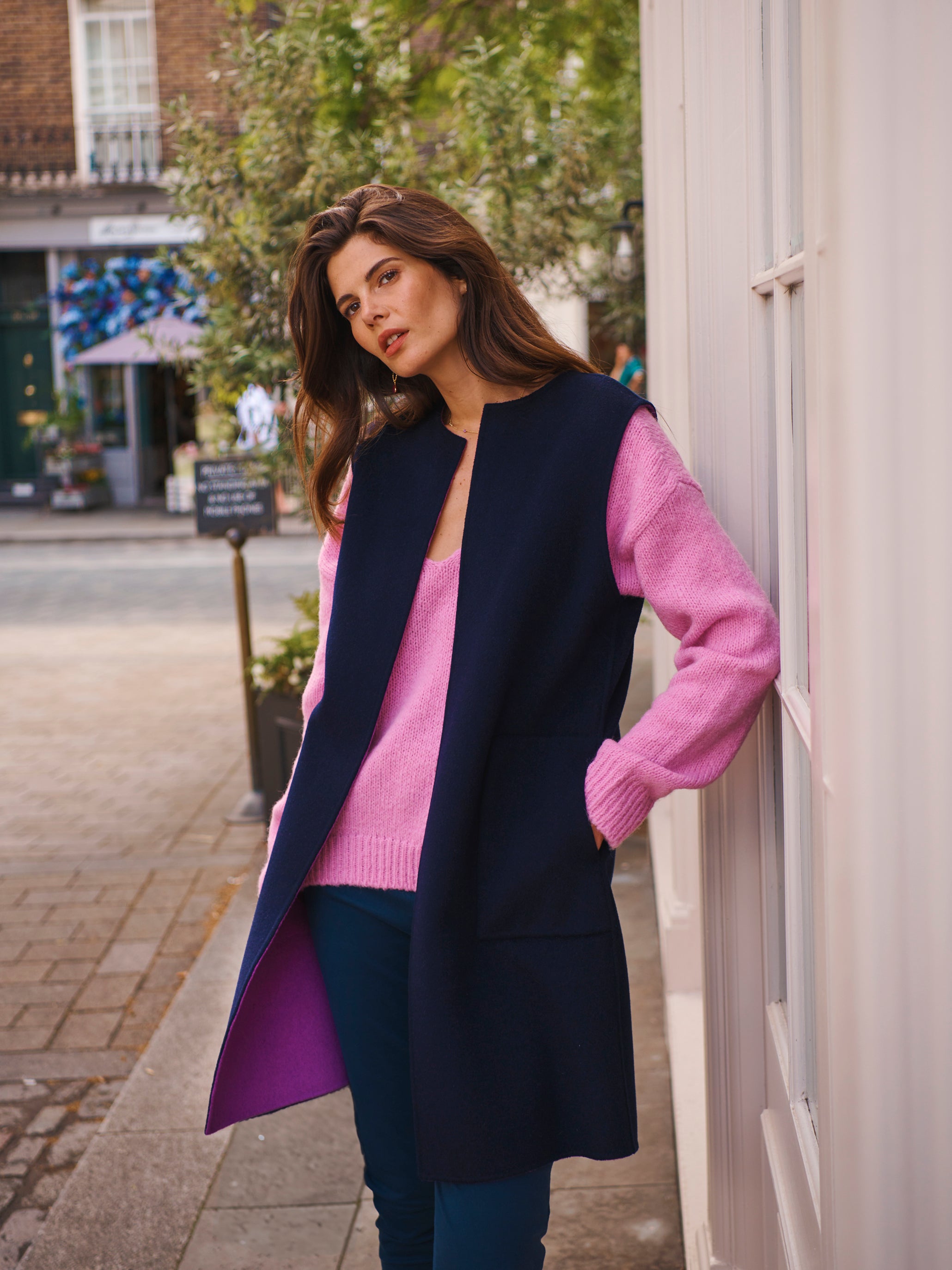Audrey wool rich reversible sleeveless gilet pink/navy | NRBY Clothing