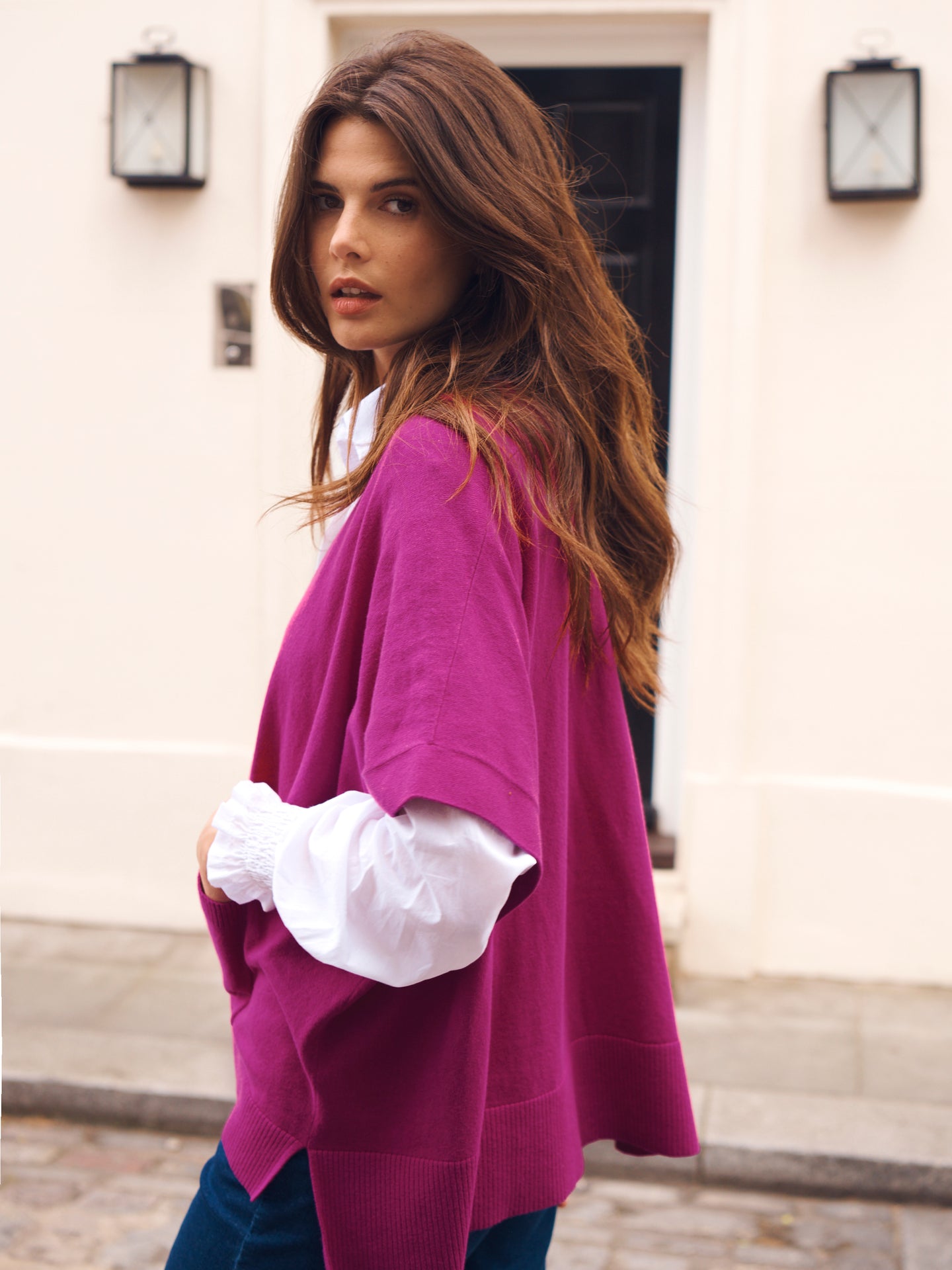 Vanessa cotton cashmere poncho - Orchid Pink