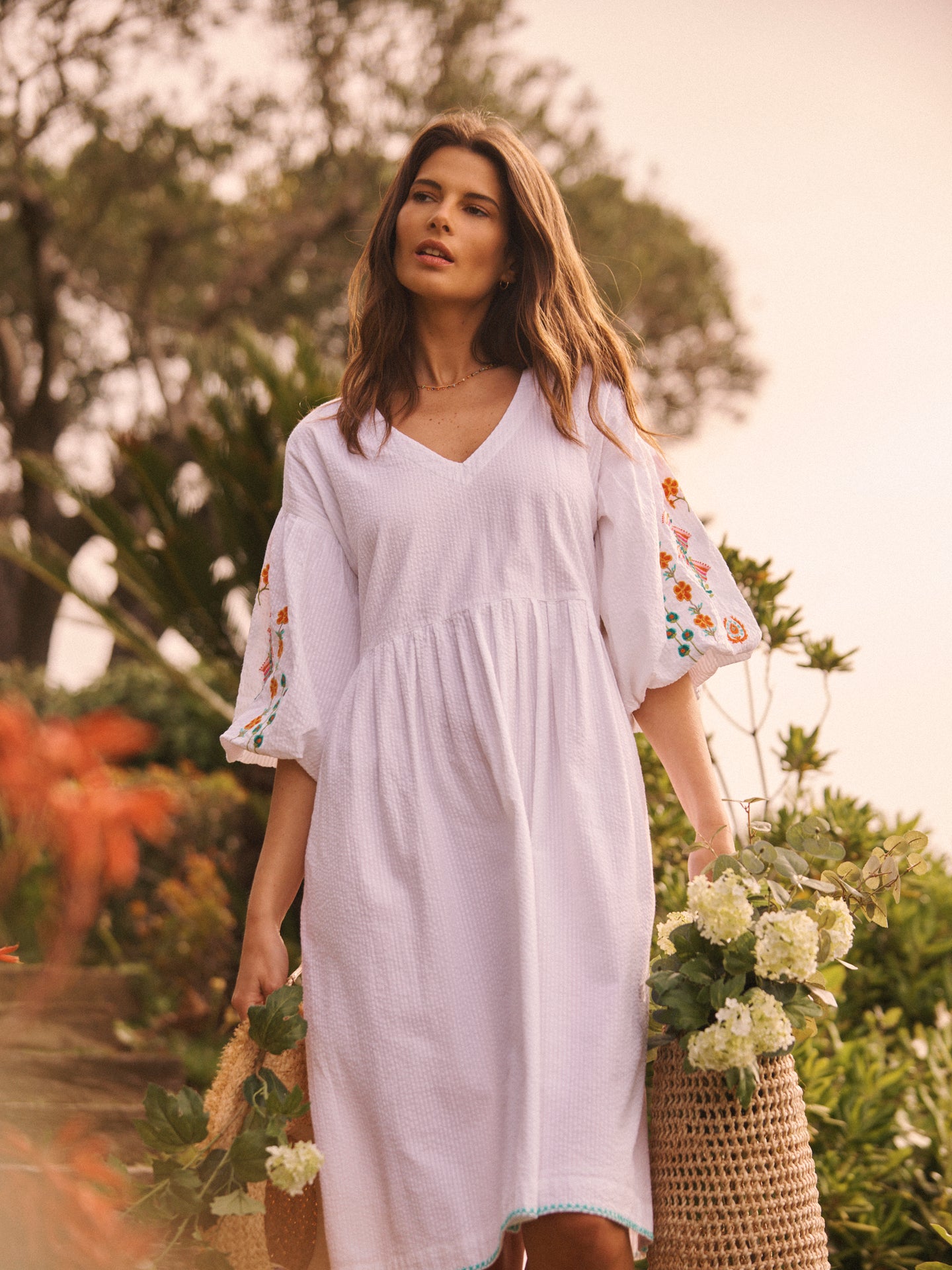 Remi cotton seersucker embroidered dress in White | NRBY Clothing Remi cotton seersucker embroidered dress in White | NRBY Clothing
