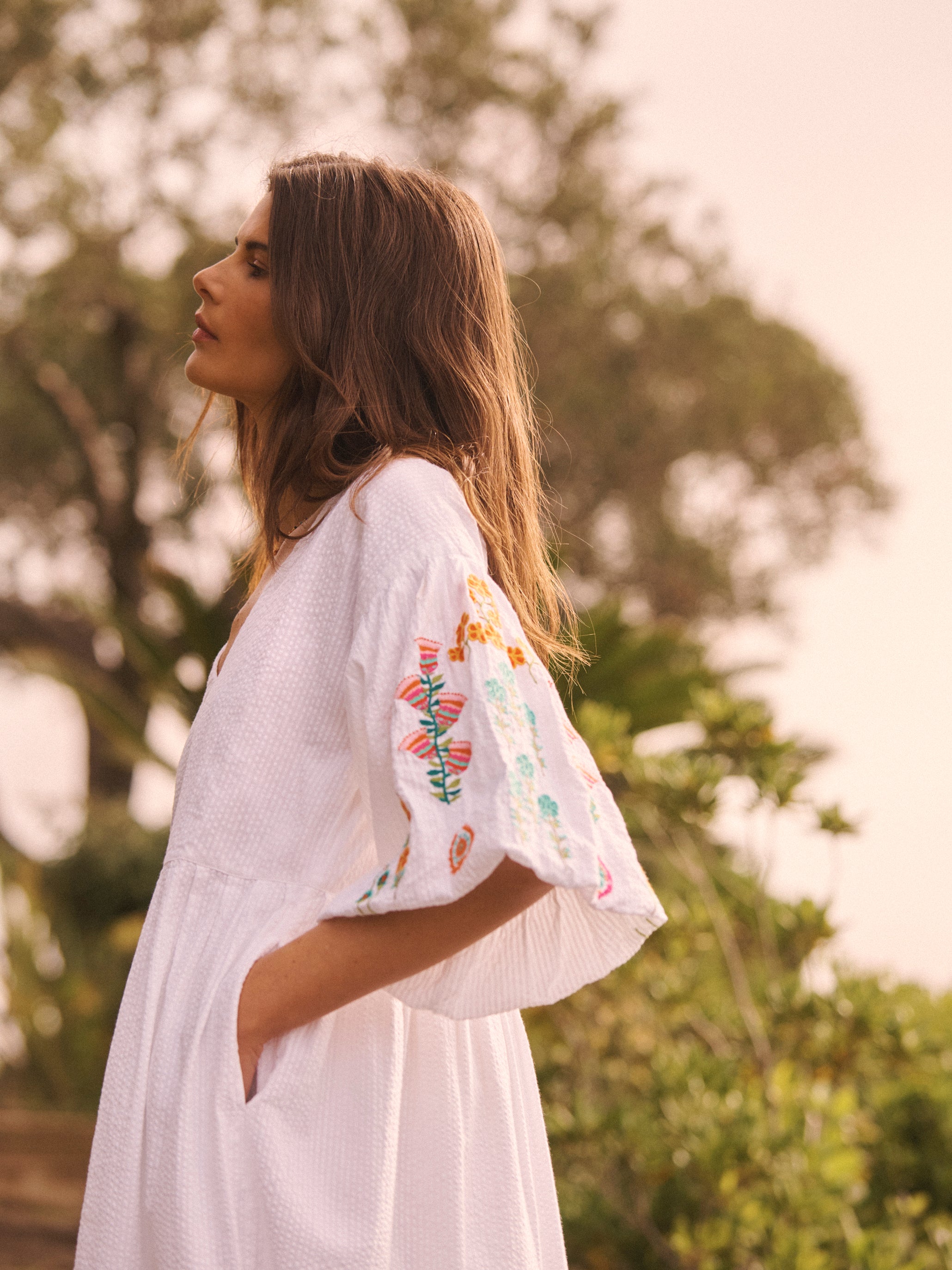 Remi cotton seersucker embroidered dress in White | NRBY