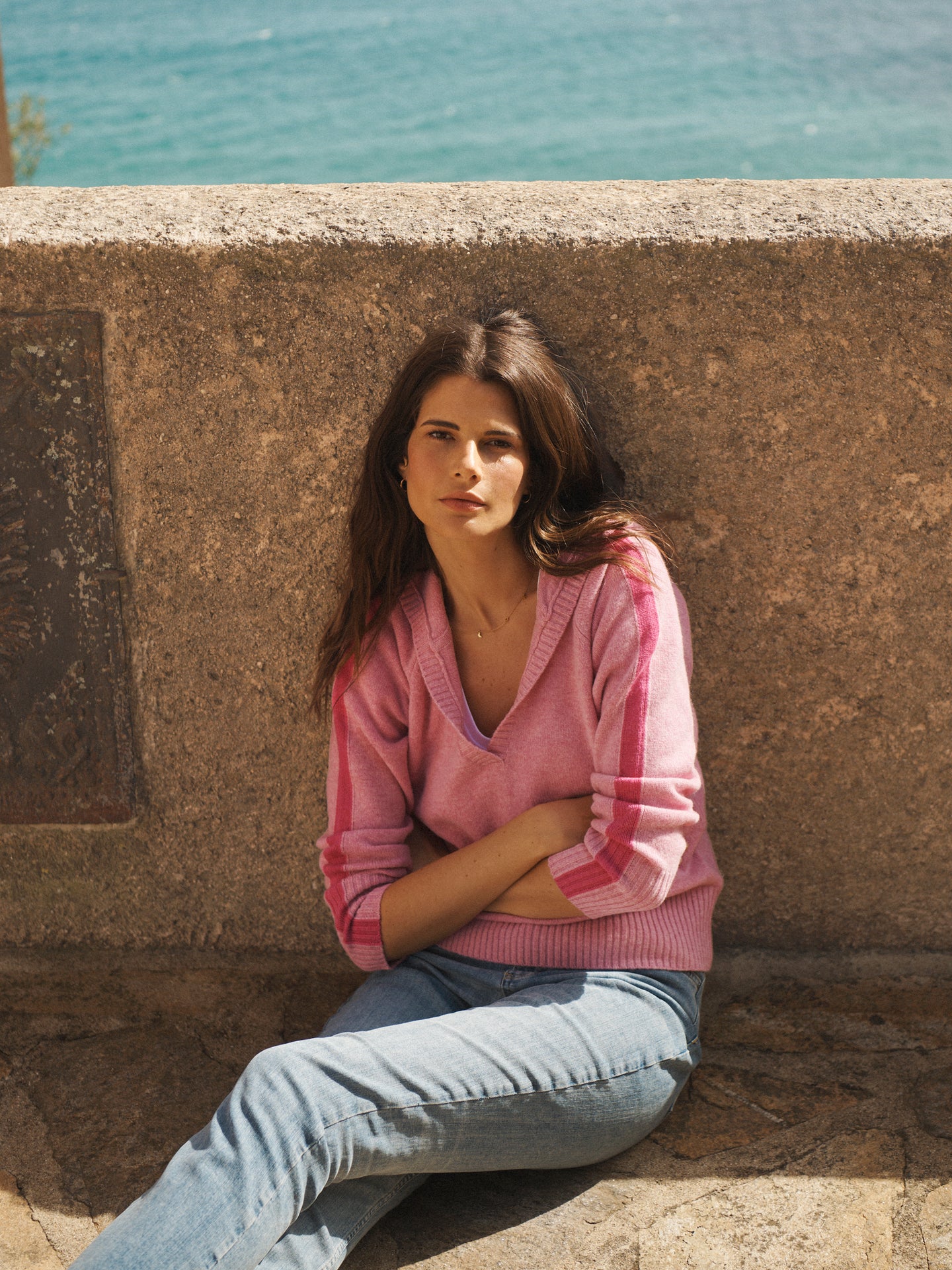 Saffron merino cashmere hooded sweater - Mid Pink and Bright Pink