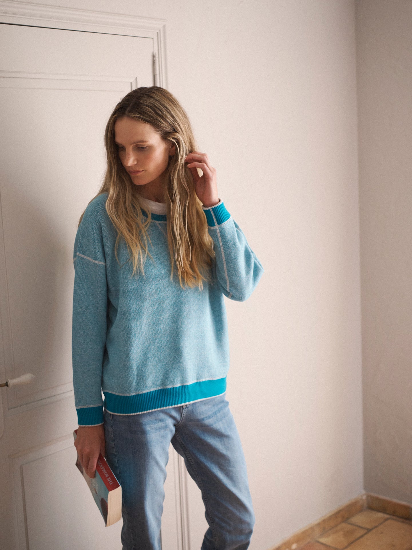 JoJo reversible cotton cashmere sweater - Teal / Soft Grey