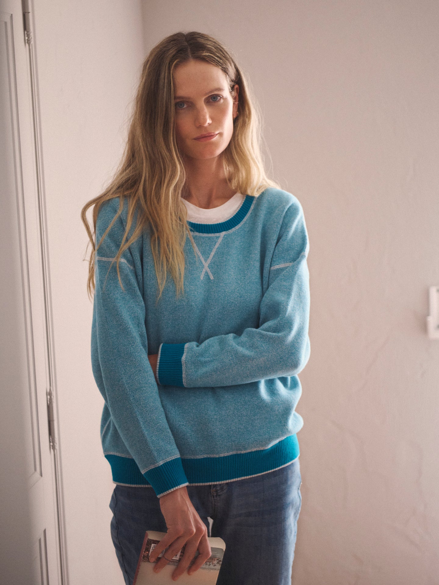 JoJo reversible cotton cashmere sweater - Teal / Soft Grey