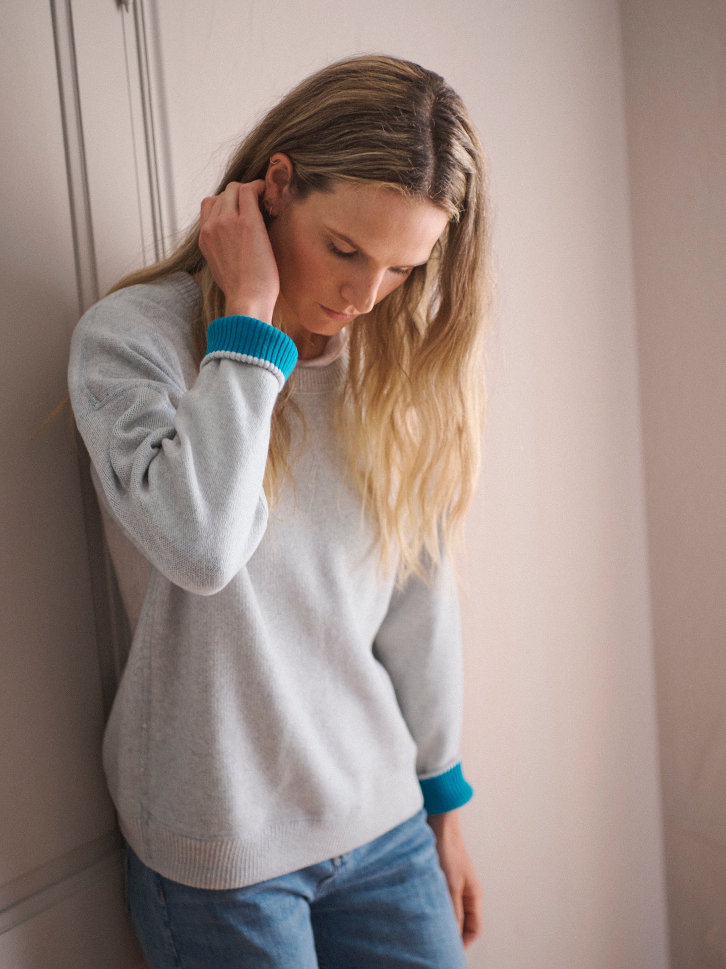 JoJo reversible cotton cashmere sweater - Teal / Soft Grey