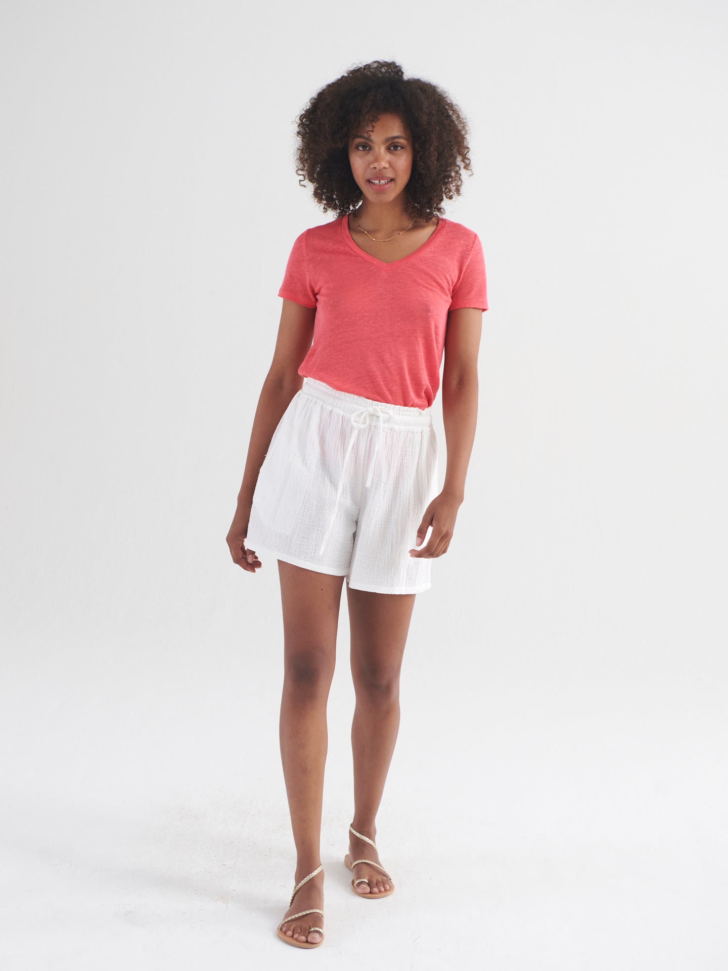 Poppie double cloth elastic waist short - White