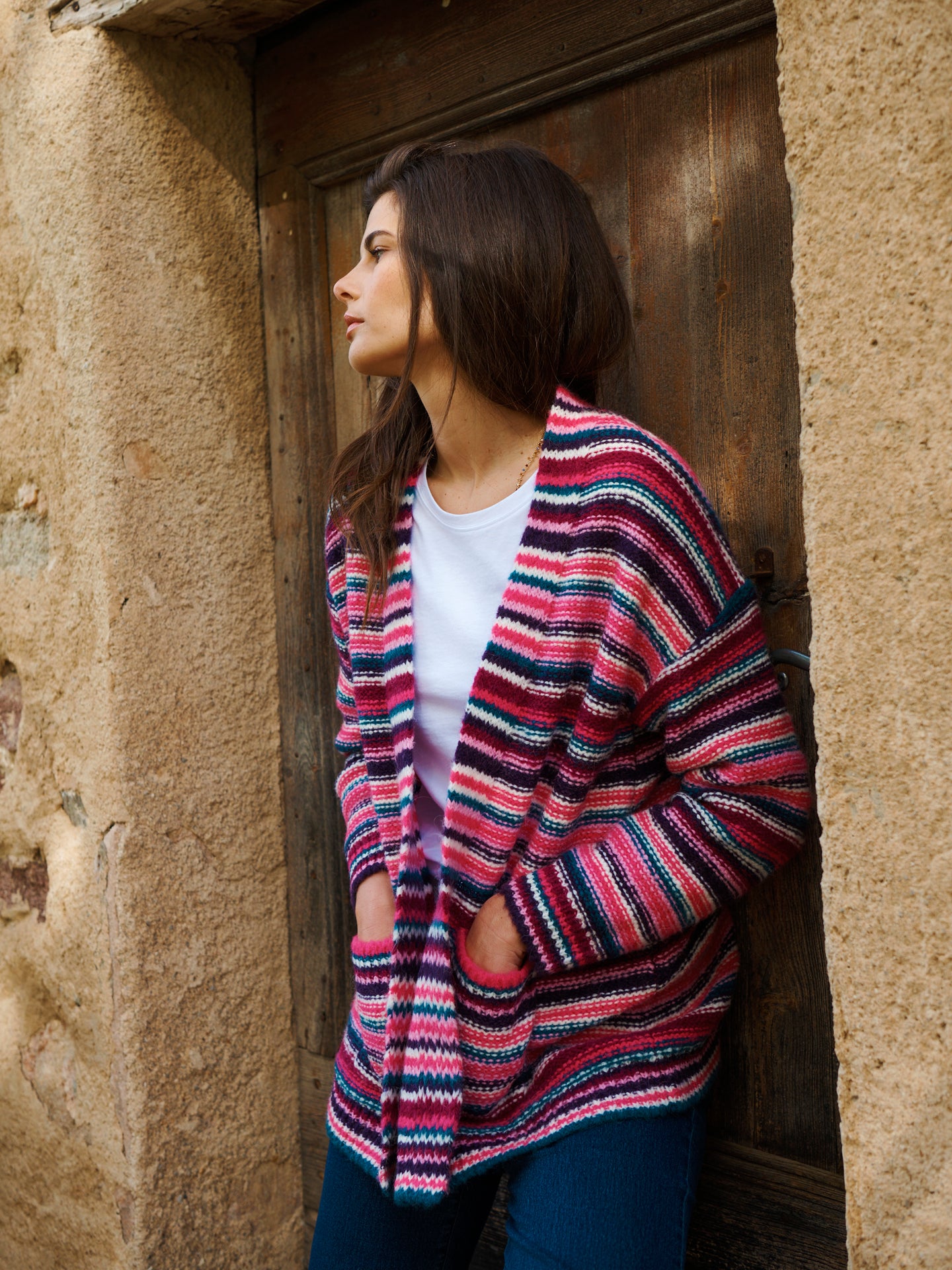 Melody alpaca blend stripe belted wrap cardigan - Multistripe