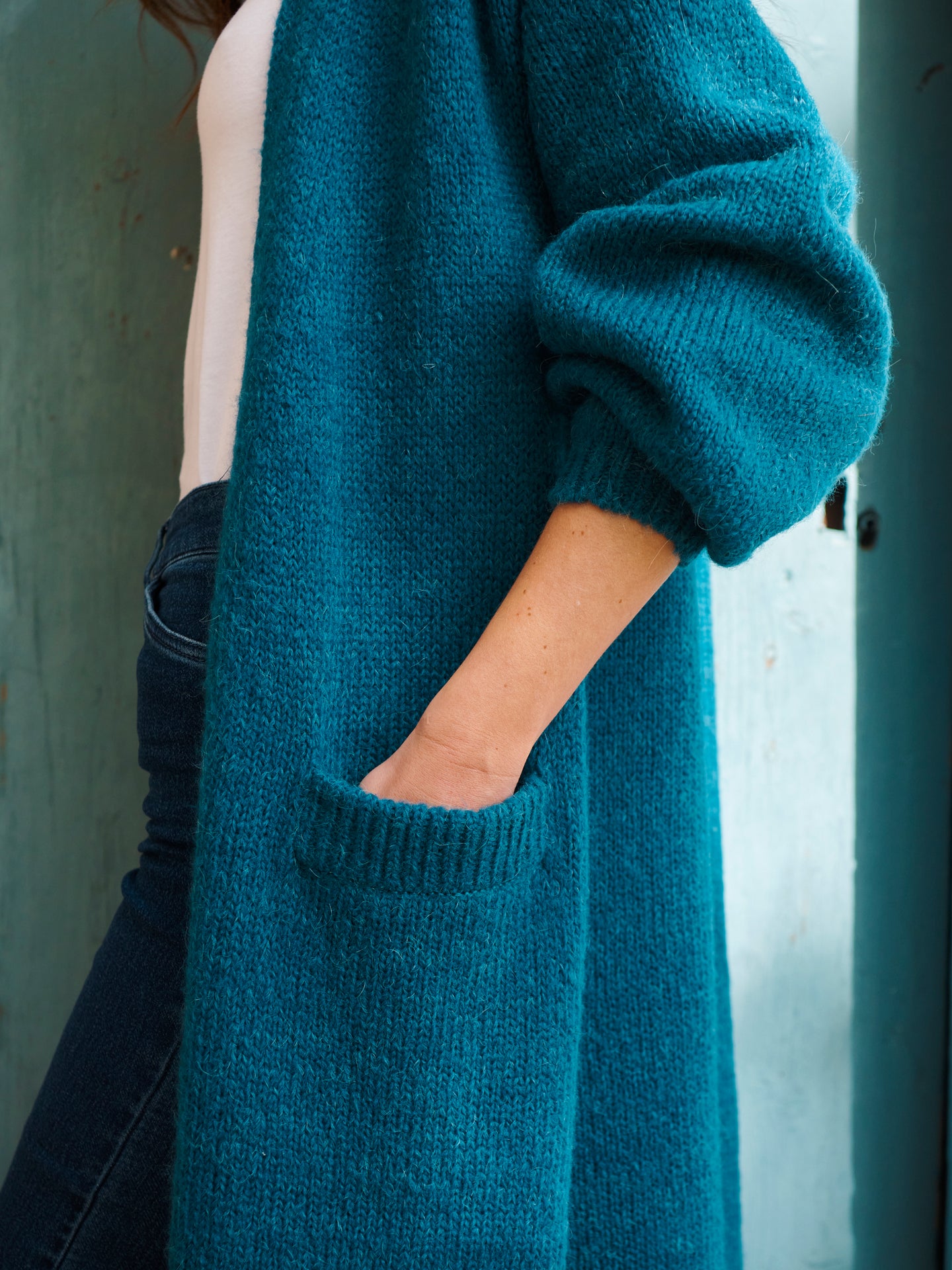 Carolyn chunky knit maxi cardigan - Peacock Blue