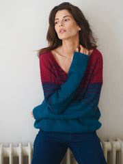 Millie alpaca blend stripe v-neck sweater - Peacock Blue Stripe