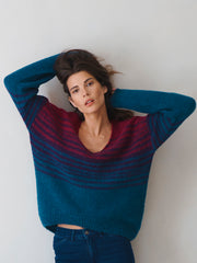 Millie alpaca blend stripe v-neck sweater - Peacock Blue Stripe