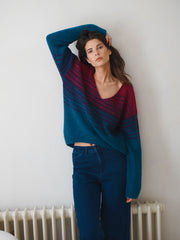 Millie alpaca blend stripe v-neck sweater - Peacock Blue Stripe