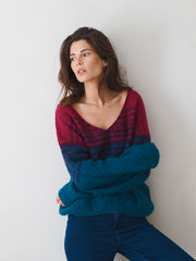 Millie alpaca blend stripe v-neck sweater - Peacock Blue Stripe