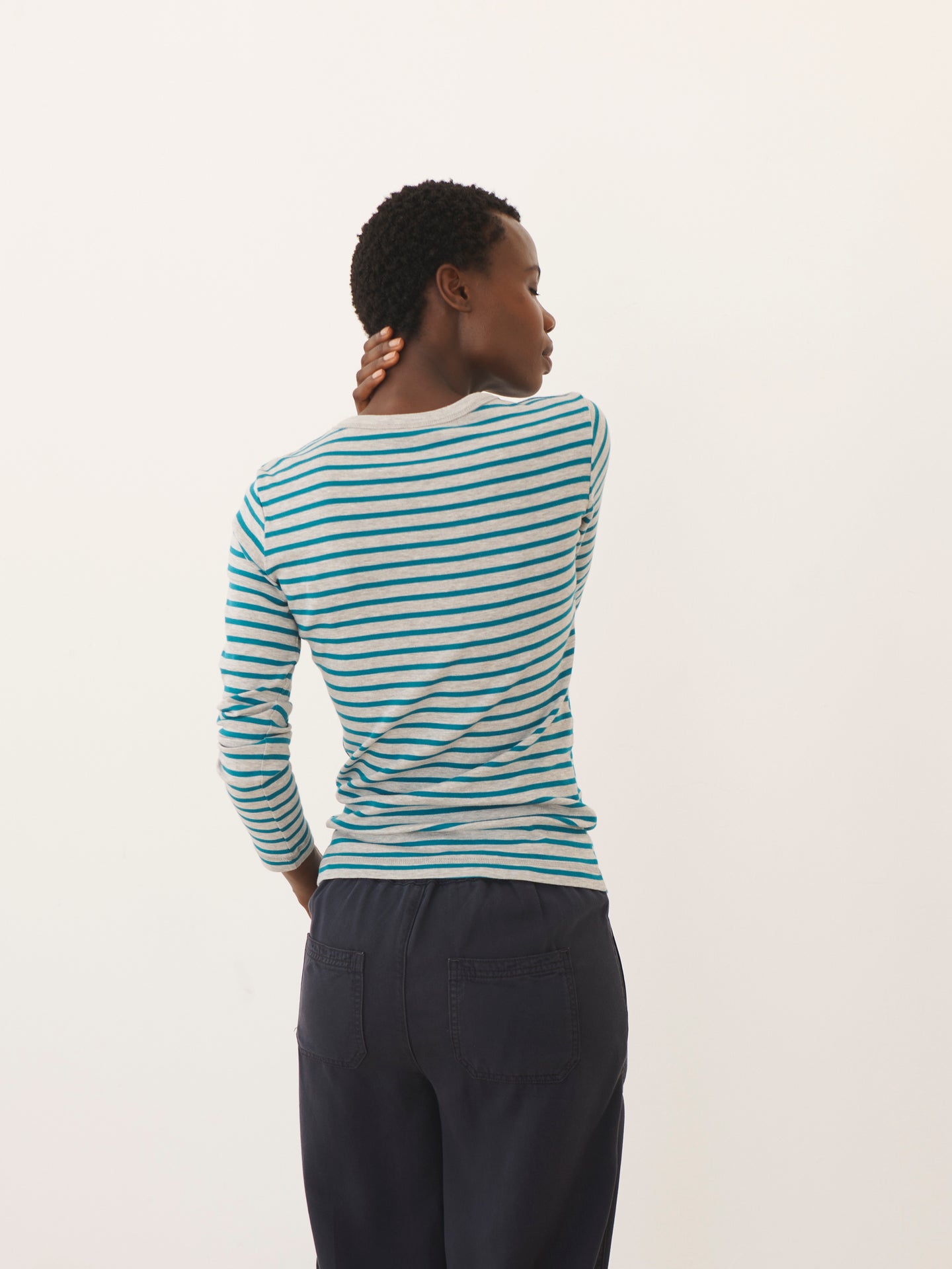 Billie two-tone cotton rib stripe t-shirt - Grey/Peacock Blue