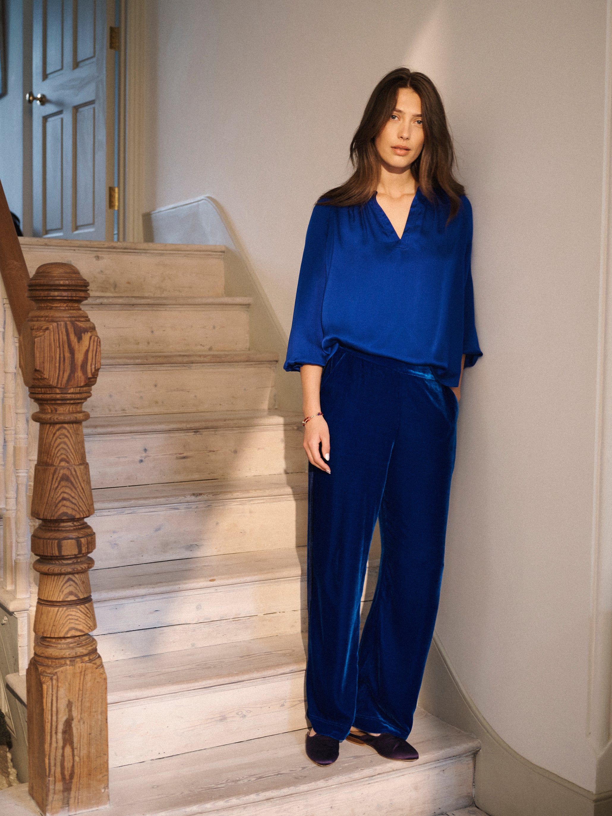 Nikki silk satin shirt in Lapis Blue | NRBY Clothing