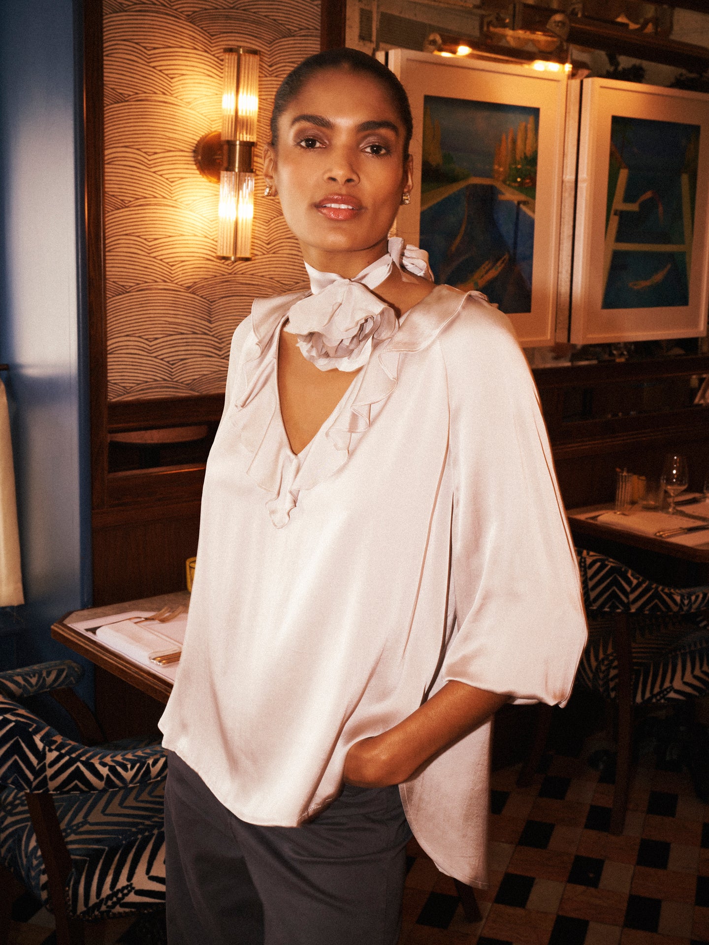 Alberta silk satin top - Pearl Grey