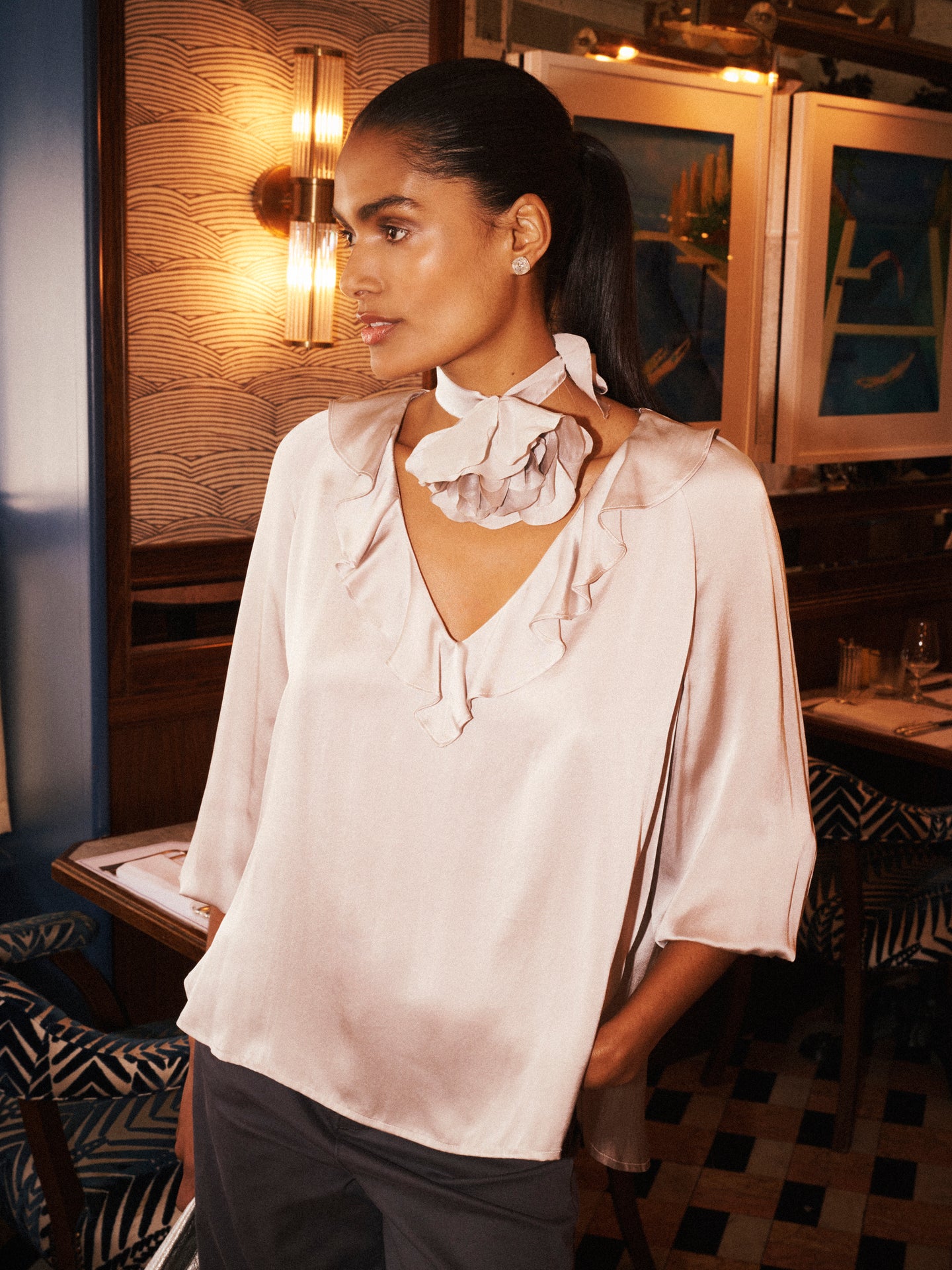 Alberta silk satin top - Pearl Grey