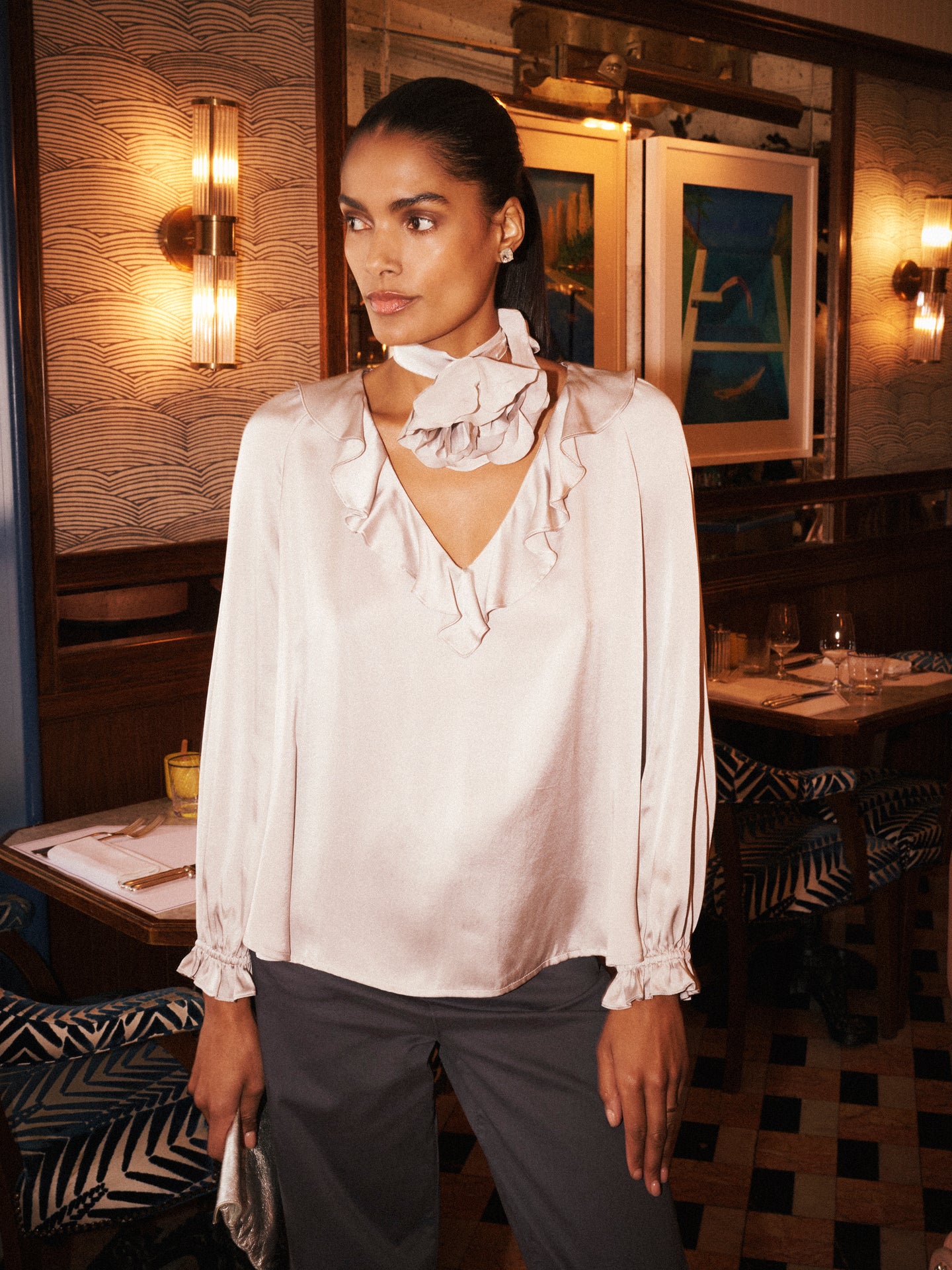 Alberta silk satin top - Pearl Grey