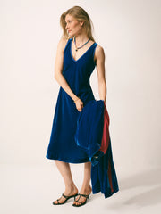 Alex silk blend velvet v neck bias cut dress - Lapis Blue | NRBY Clothing