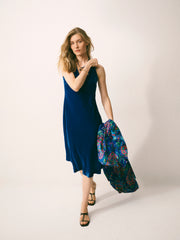 Alex silk blend velvet v neck bias cut dress - Lapis Blue | NRBY Clothing