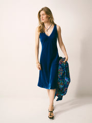 Alex silk blend velvet v neck bias cut dress - Lapis Blue | NRBY Clothing