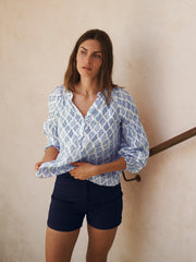 Allie gauze linen shirt - Blue block print | NRBY Clothing