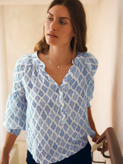 Allie gauze linen shirt - Blue block print | NRBY Clothing
