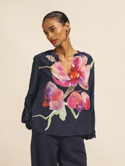 Oleta silk orchid print top