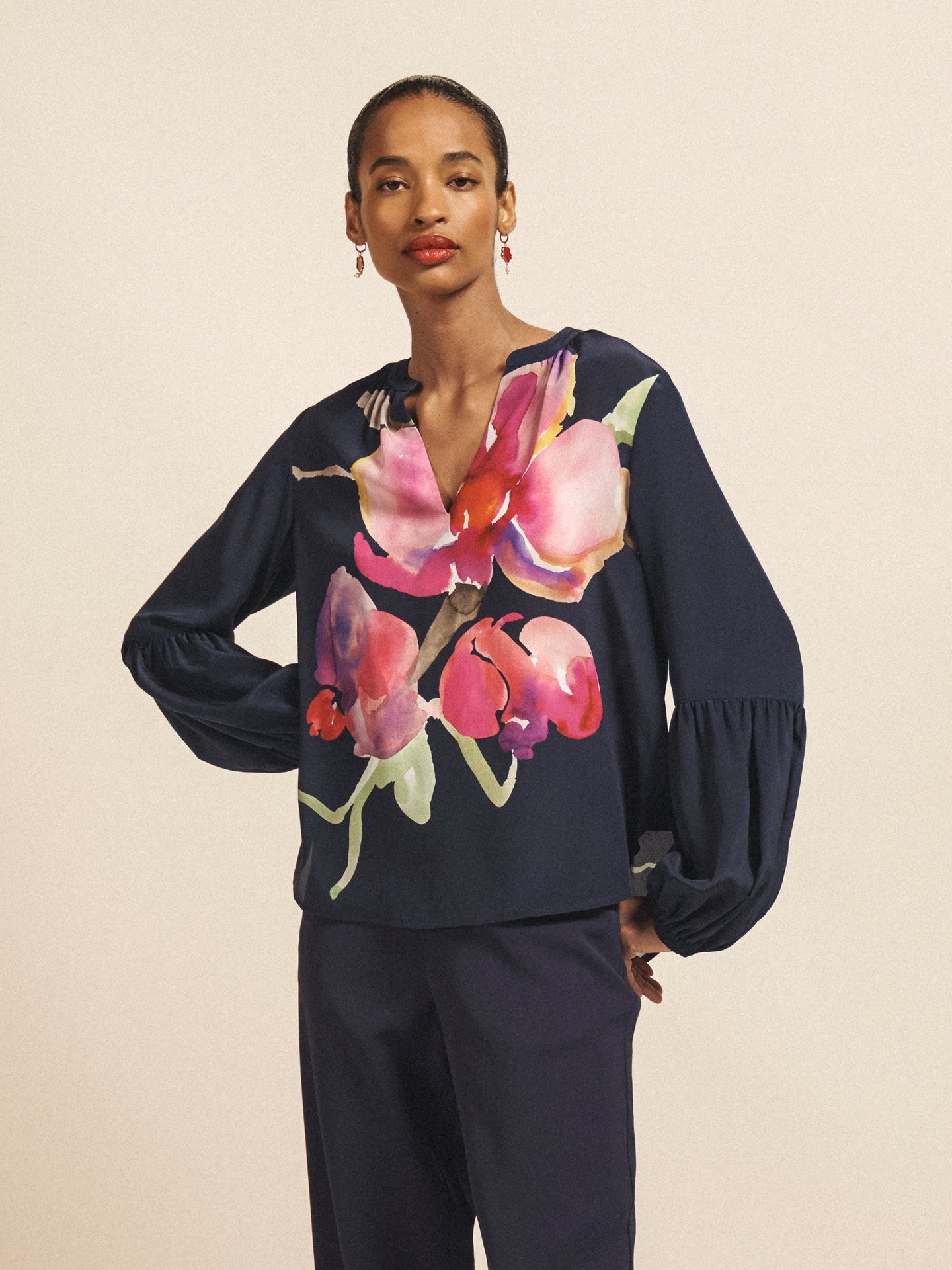 Oleta silk orchid print top