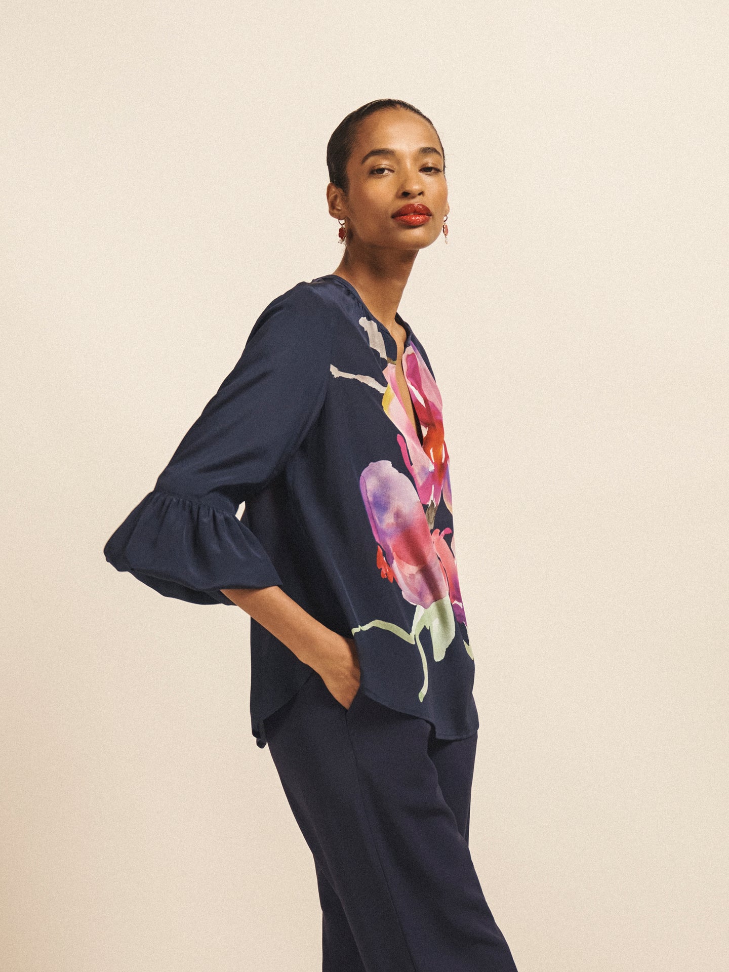 Oleta silk orchid print top