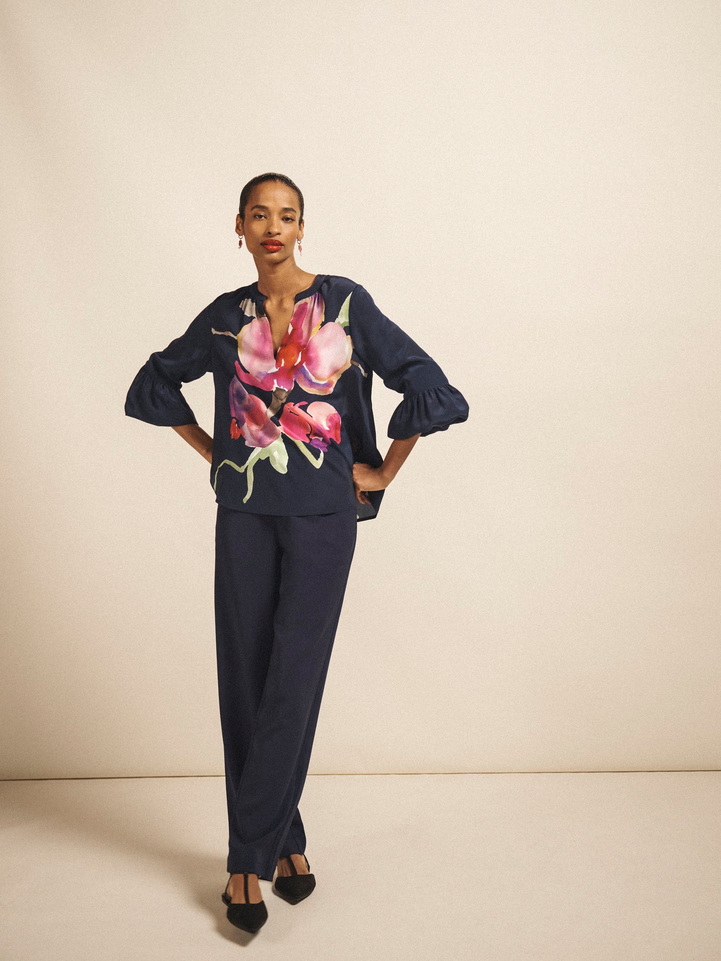 Oleta silk orchid print top