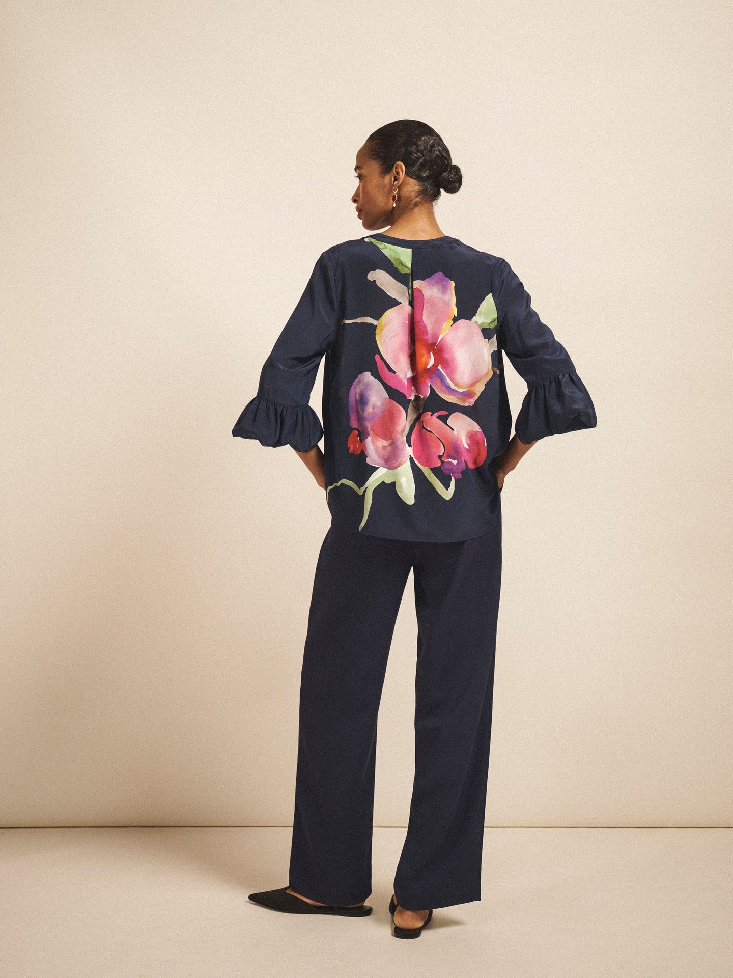 Oleta silk orchid print top