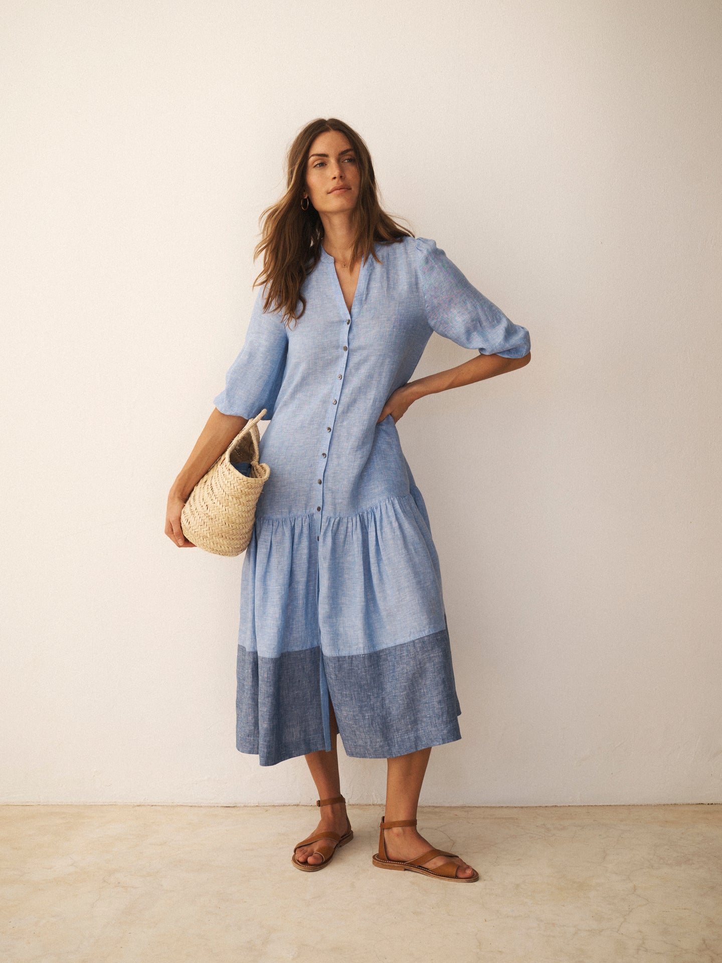 chambray linen dress Annalee in Blue slc25 pairing effortlessly with sandals Size:9-12 Months JB07632 Ivory Nude Long