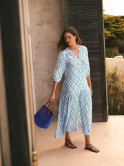 Anais gauze linen dress - Blue block print | NRBY Clothing