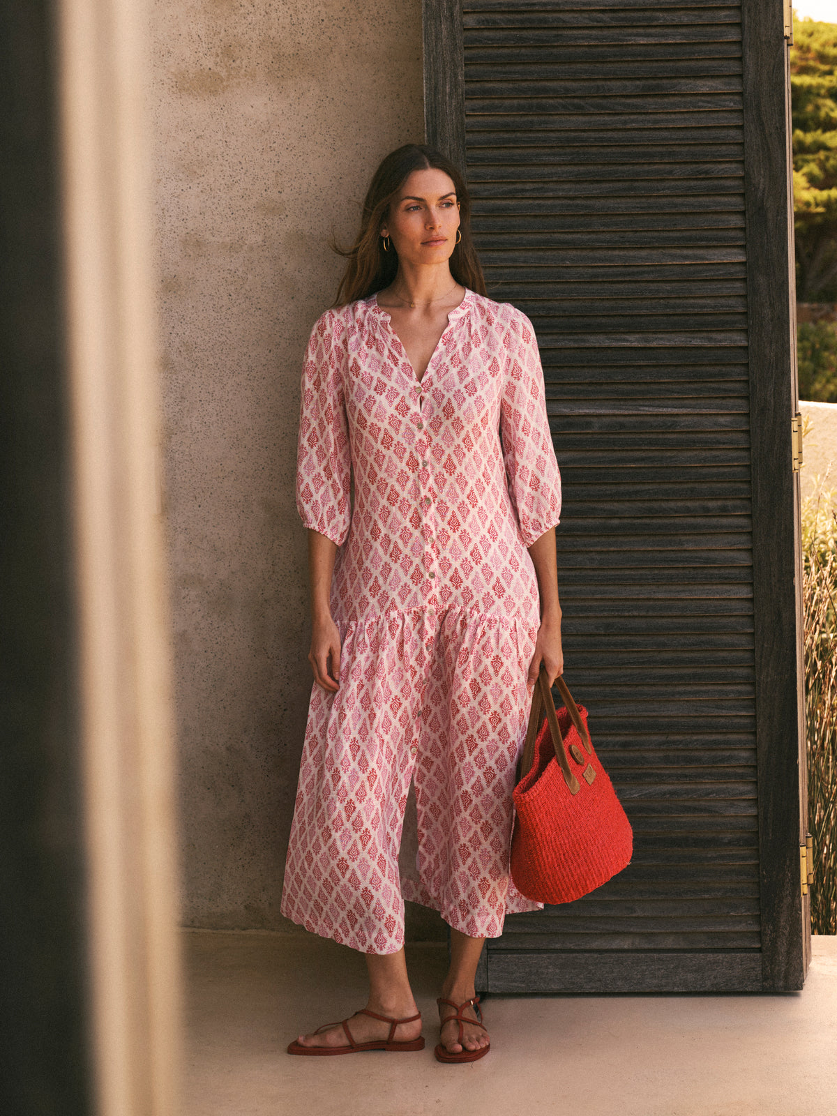 gauze linen dress Anais - Pink Block Print evening night out Size:Y/5/6 No cling Mur Mur Anthropologie Women's