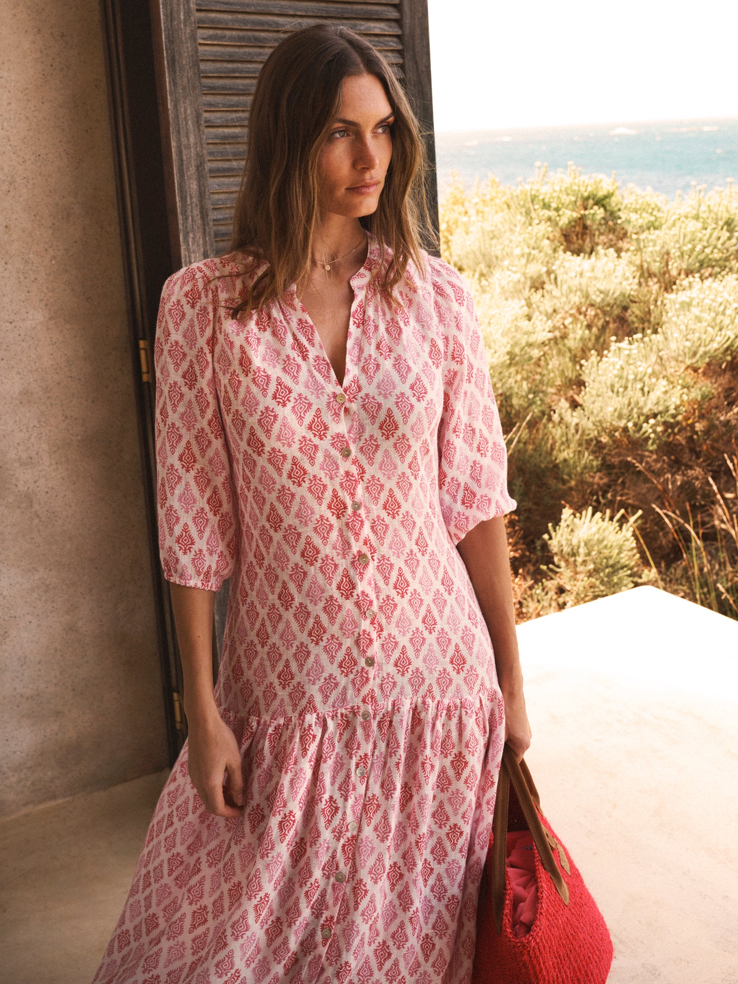 chinese dress ladies Anais Gauze Linen Dress - Pink Block Print