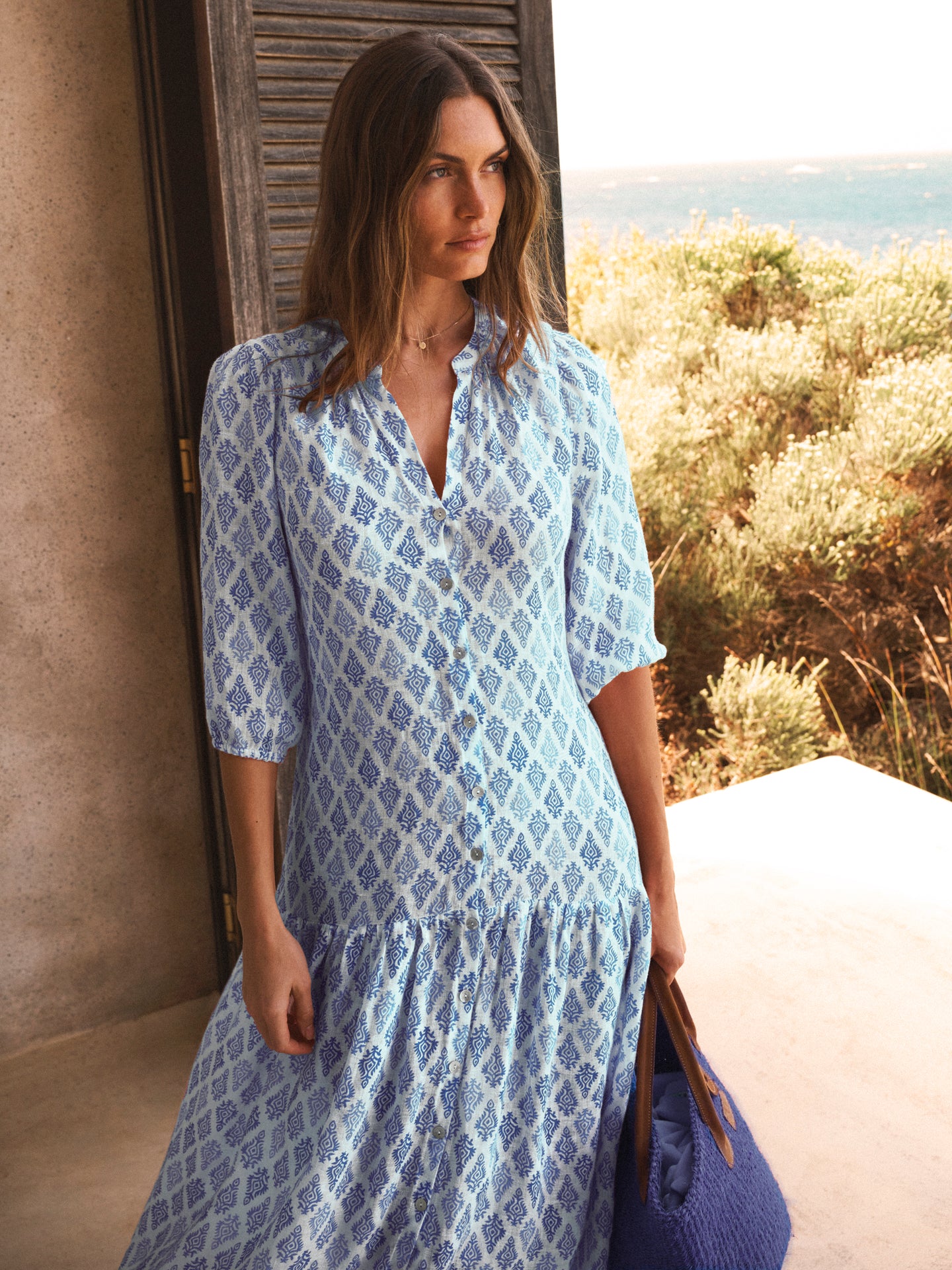 Anais Gauze Linen Dress - Blue Block Print | NRBY Clothing Anais Gauze Linen Dress - Blue Block Print | NRBY Clothing