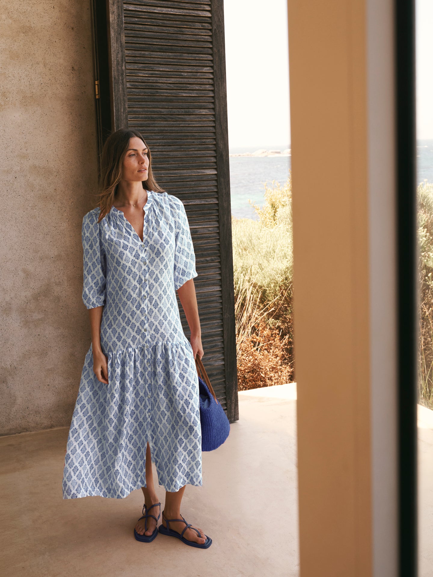 Anais Gauze Linen Dress - Blue Block Print | NRBY Clothing