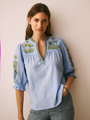 Andi Cotton Seersucker Embroidered Top - Mid Blue | NRBY Clothing