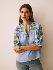 Andi Cotton Seersucker Embroidered Top - Mid Blue | NRBY Clothing