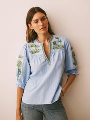 Andi cotton seersucker embroidered top - Light blue | NRBY Clothing