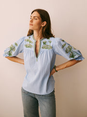 Andi cotton seersucker embroidered top - Light blue | NRBY Clothing