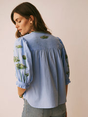 Andi Cotton Seersucker Embroidered Top - Mid Blue | NRBY Clothing