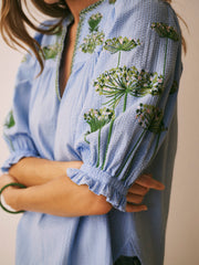 Andi Cotton Seersucker Embroidered Top - Mid Blue | NRBY Clothing
