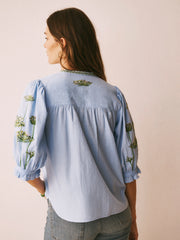 Andi Cotton Seersucker Embroidered Top - Light Blue | NRBY Clothing