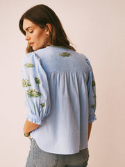 Andi Cotton Seersucker Embroidered Top - Light Blue | NRBY Clothing