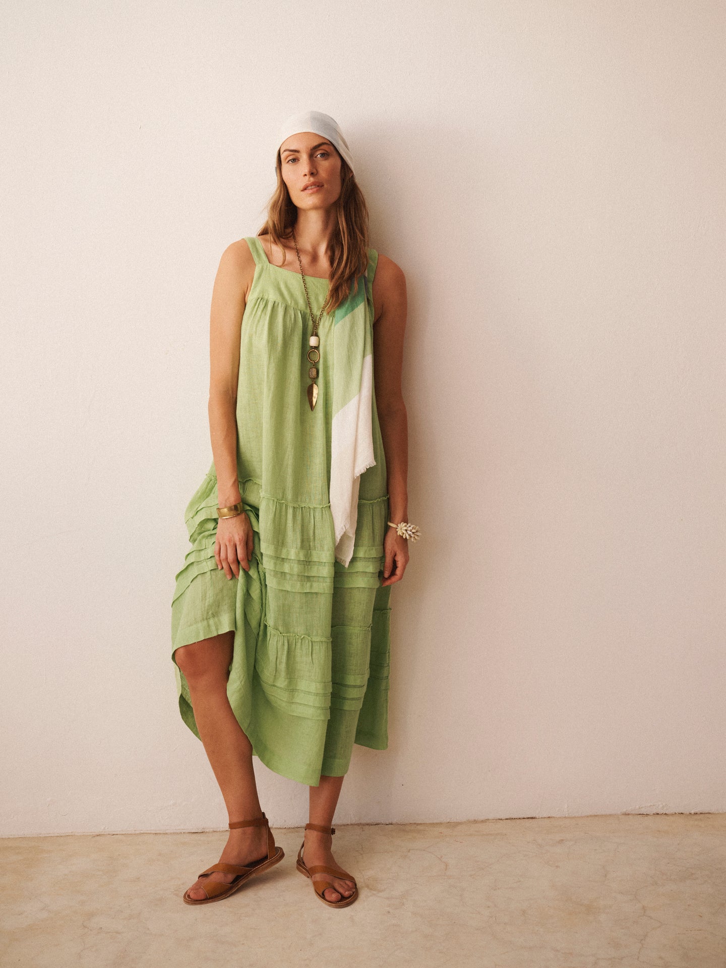 Ariane a-line tiered gauze linen dress - Sap Green | Luxury Summer Dress | NRBY Clothing Ariane a-line tiered gauze linen dress - Sap Green | Luxury Summer Dress | NRBY Clothing