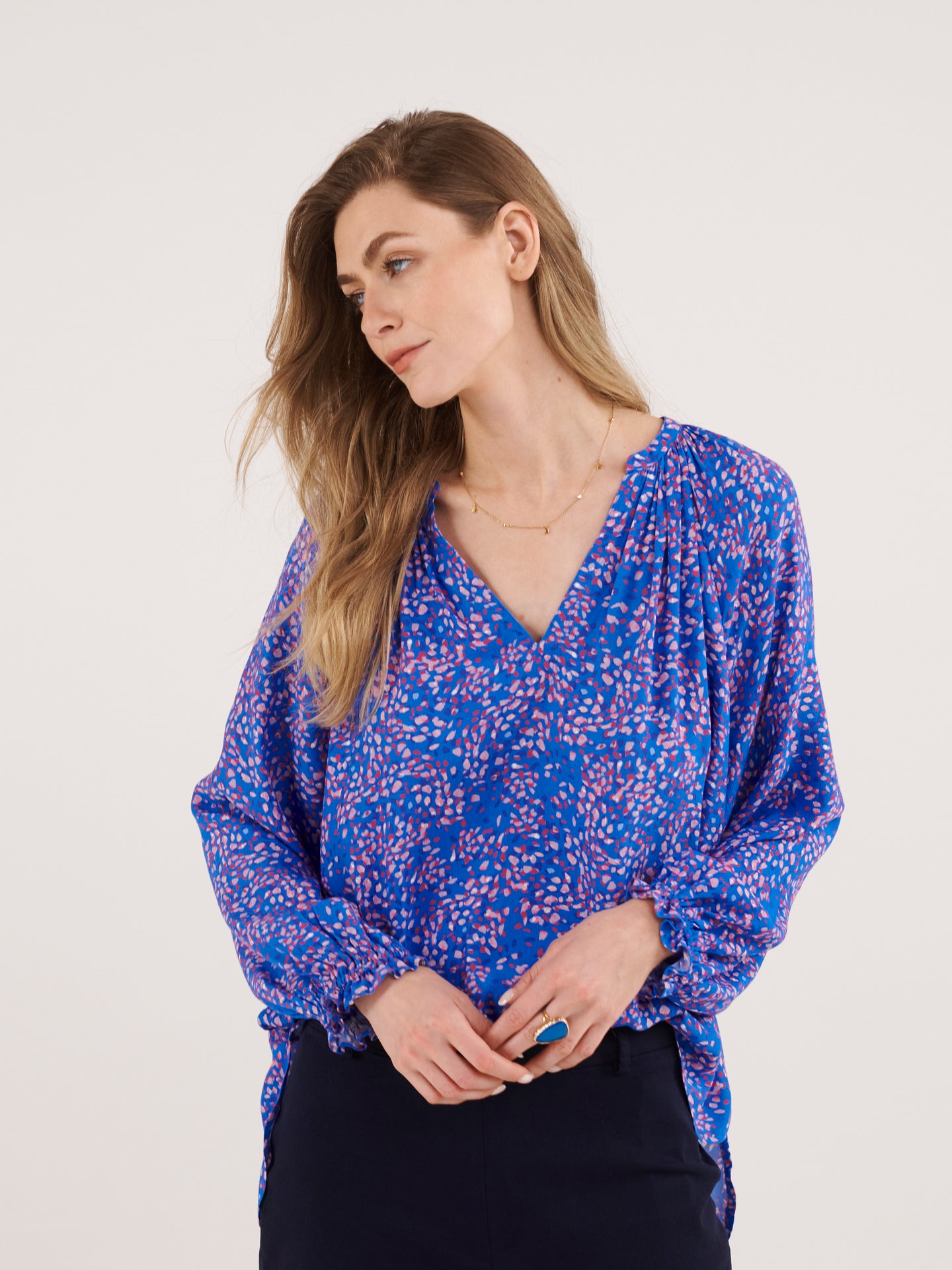 Nikki blue petal print blouse