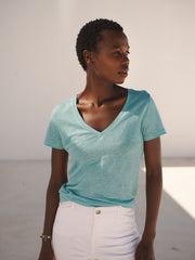 Charlie linen V-neck t-shirt - Sea Spray | NRBY Clothing