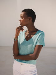 Charlie linen V-neck t-shirt - Sea Spray | NRBY Clothing