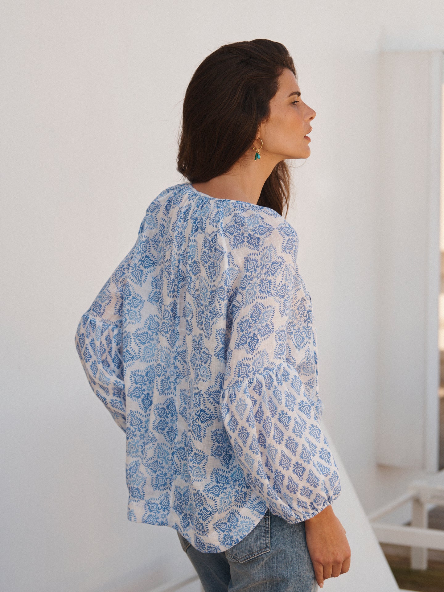 Athena gauze linen block printed shirt - Blue Block print
