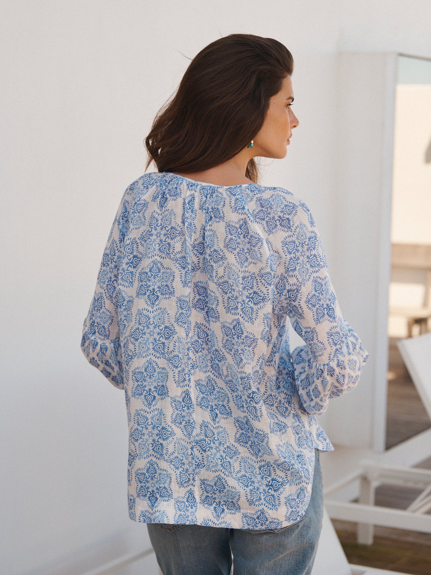 Athena gauze linen block printed shirt - Blue Block print
